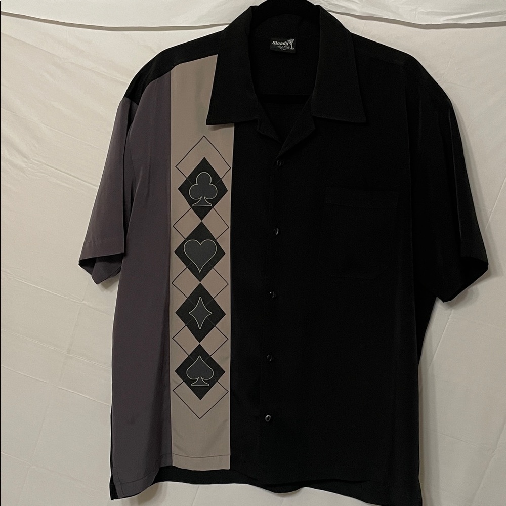 Steady Last Call Men's Black and Gray Button-Up Shirt with playing card Suits LG